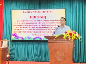Đảng ủy phường Việt Hưng tổ chức Hội nghị quán triệt Quy định số 142-QĐ/TW ngày 23/4/2024; Quy định số 144-QĐ/TW ngày 9/5/2024; Thông tin kết quả hội nghị lần thứ chín BCH Trung ương Đảng khóa XIII